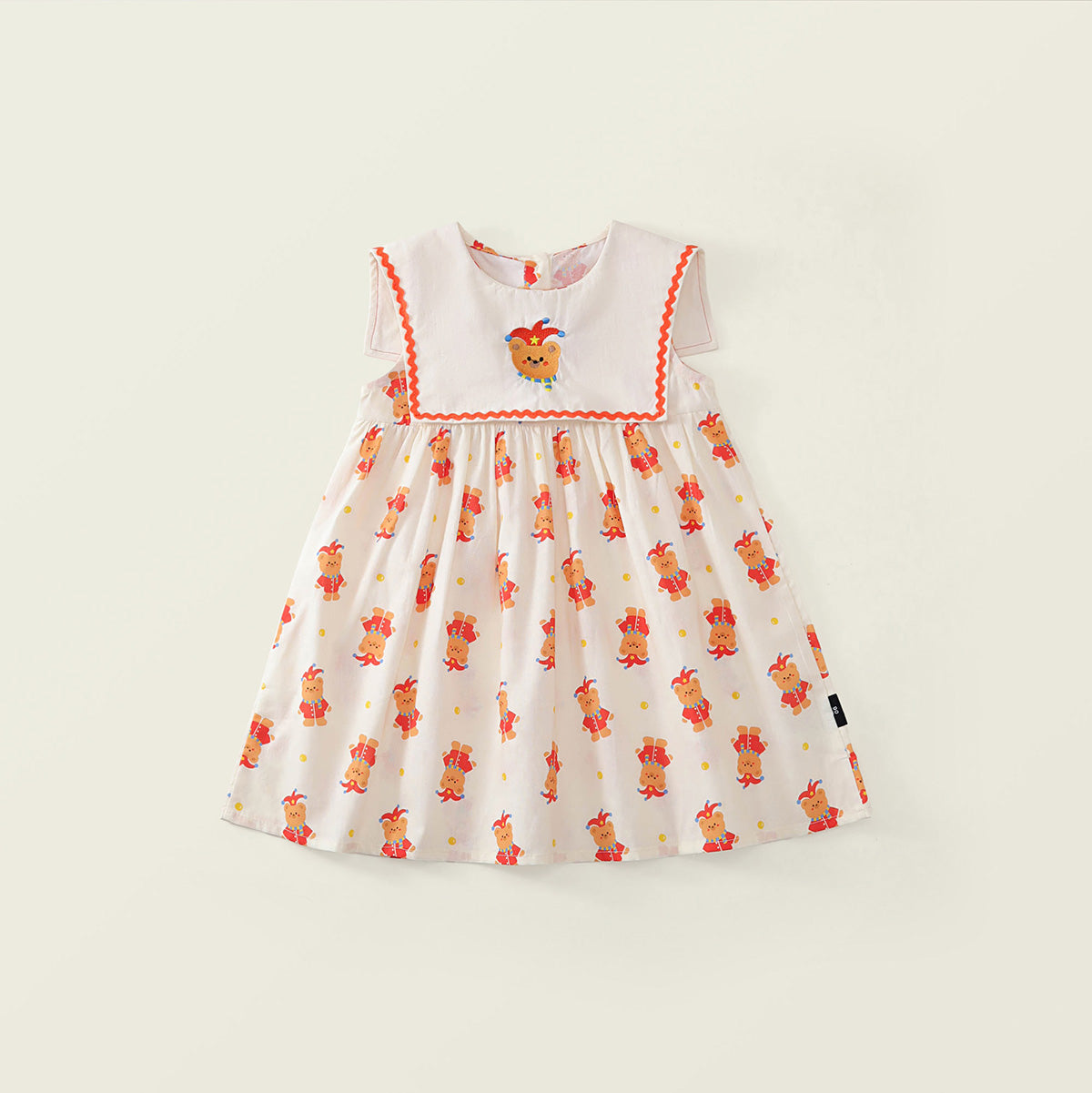 Cartoon Bear Print Baby Girl Dress with Orange Trim -K6126117