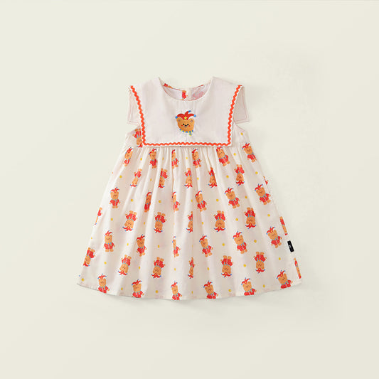 Cartoon Bear Print Baby Girl Dress with Orange Trim -K6126117