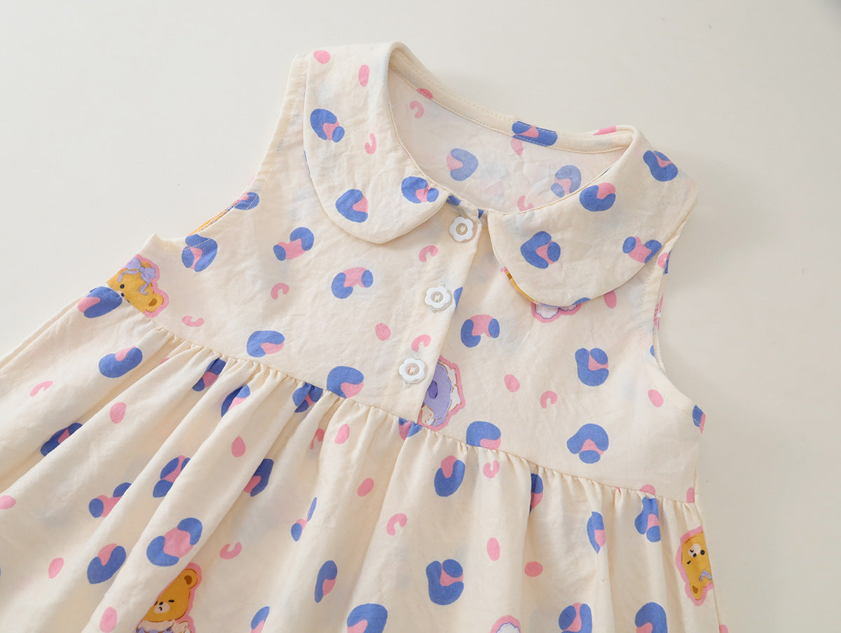 Girls' Peter Pan Collar Sleeveless Dress with Bear Patch (2 Colors) - K6126244