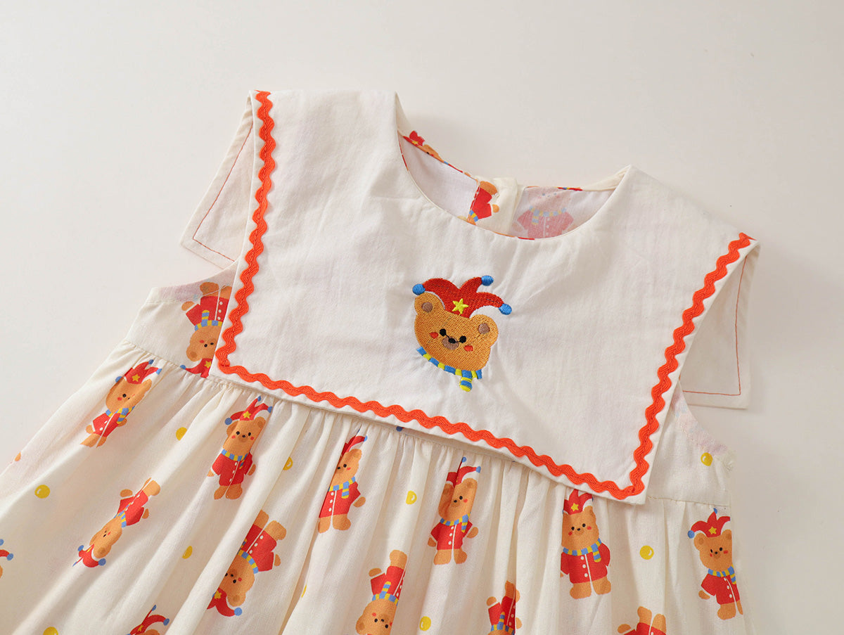 Cartoon Bear Print Baby Girl Dress with Orange Trim -K6126117