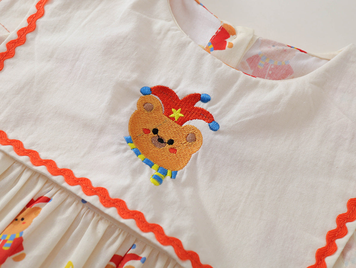 Cartoon Bear Print Baby Girl Dress with Orange Trim -K6126117