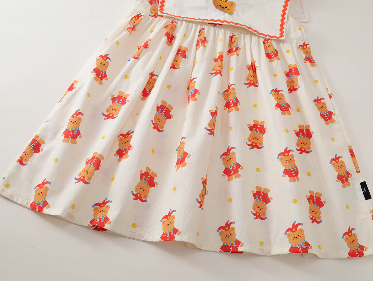 Cartoon Bear Print Baby Girl Dress with Orange Trim -K6126117