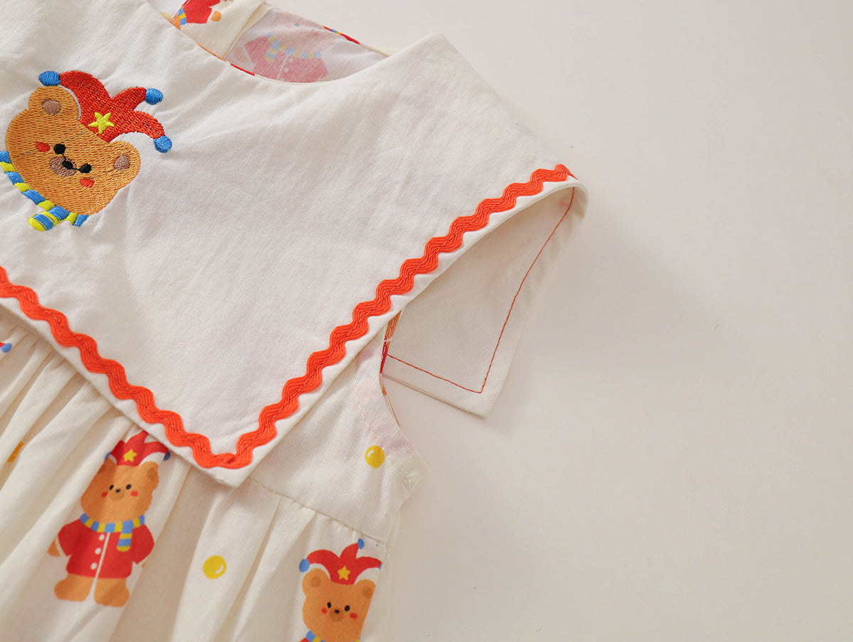 Cartoon Bear Print Baby Girl Dress with Orange Trim -K6126117