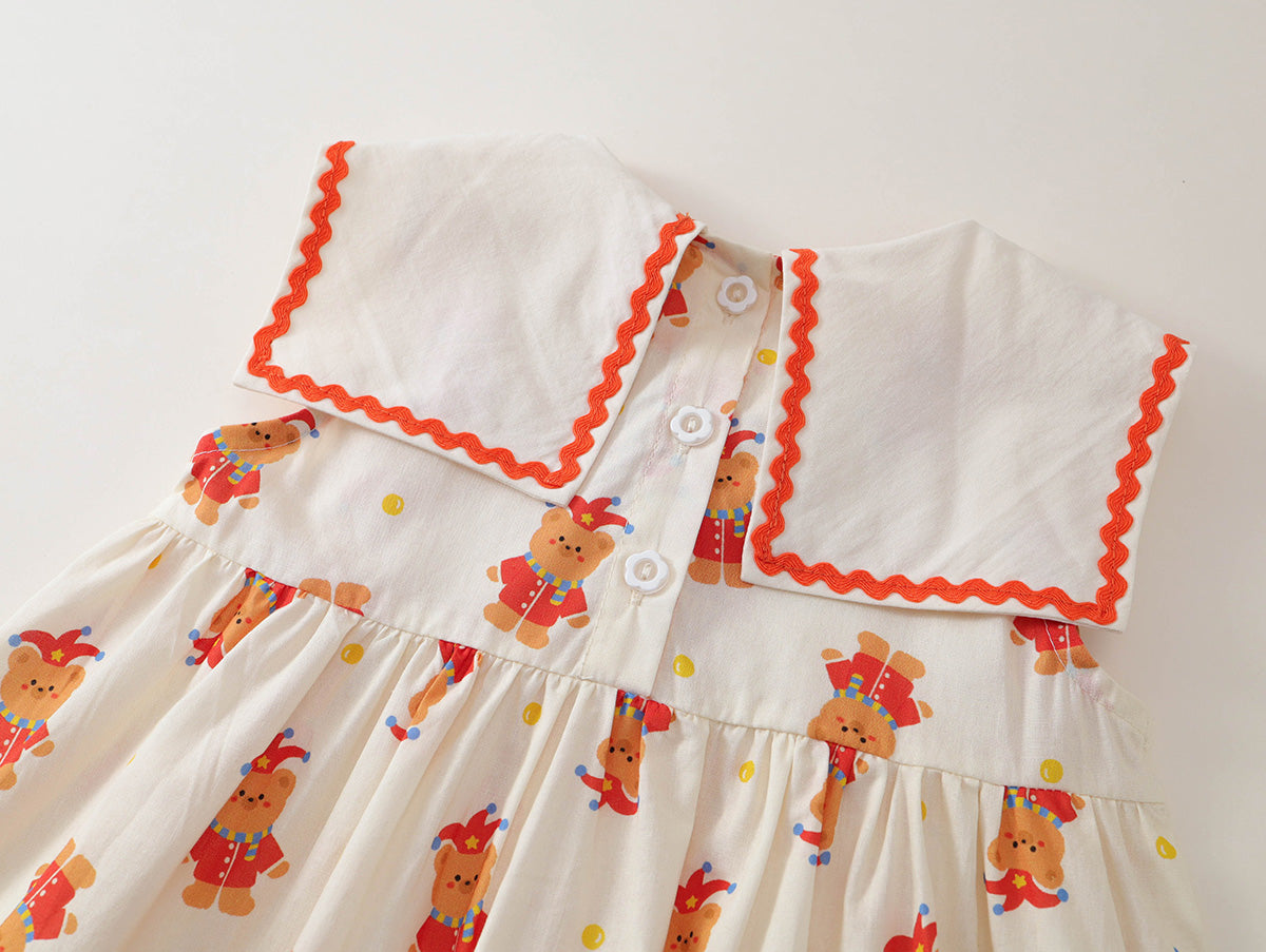 Cartoon Bear Print Baby Girl Dress with Orange Trim -K6126117