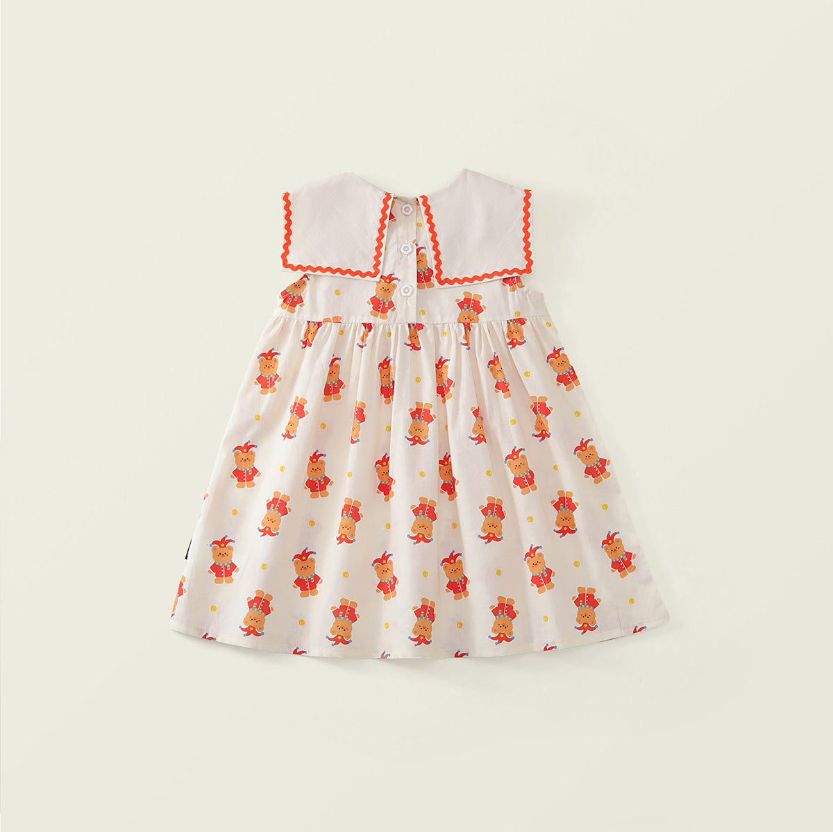 Cartoon Bear Print Baby Girl Dress with Orange Trim -K6126117