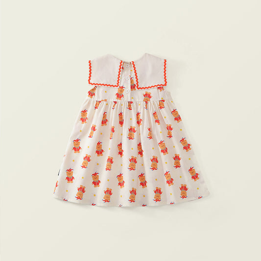 Cartoon Bear Print Baby Girl Dress with Orange Trim -K6126117