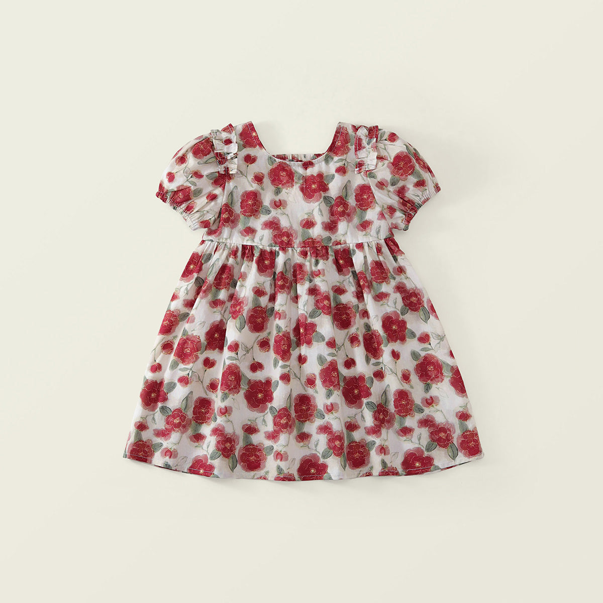 Girl Red Floral Print Short Sleeve A-Line Dress -K6126130