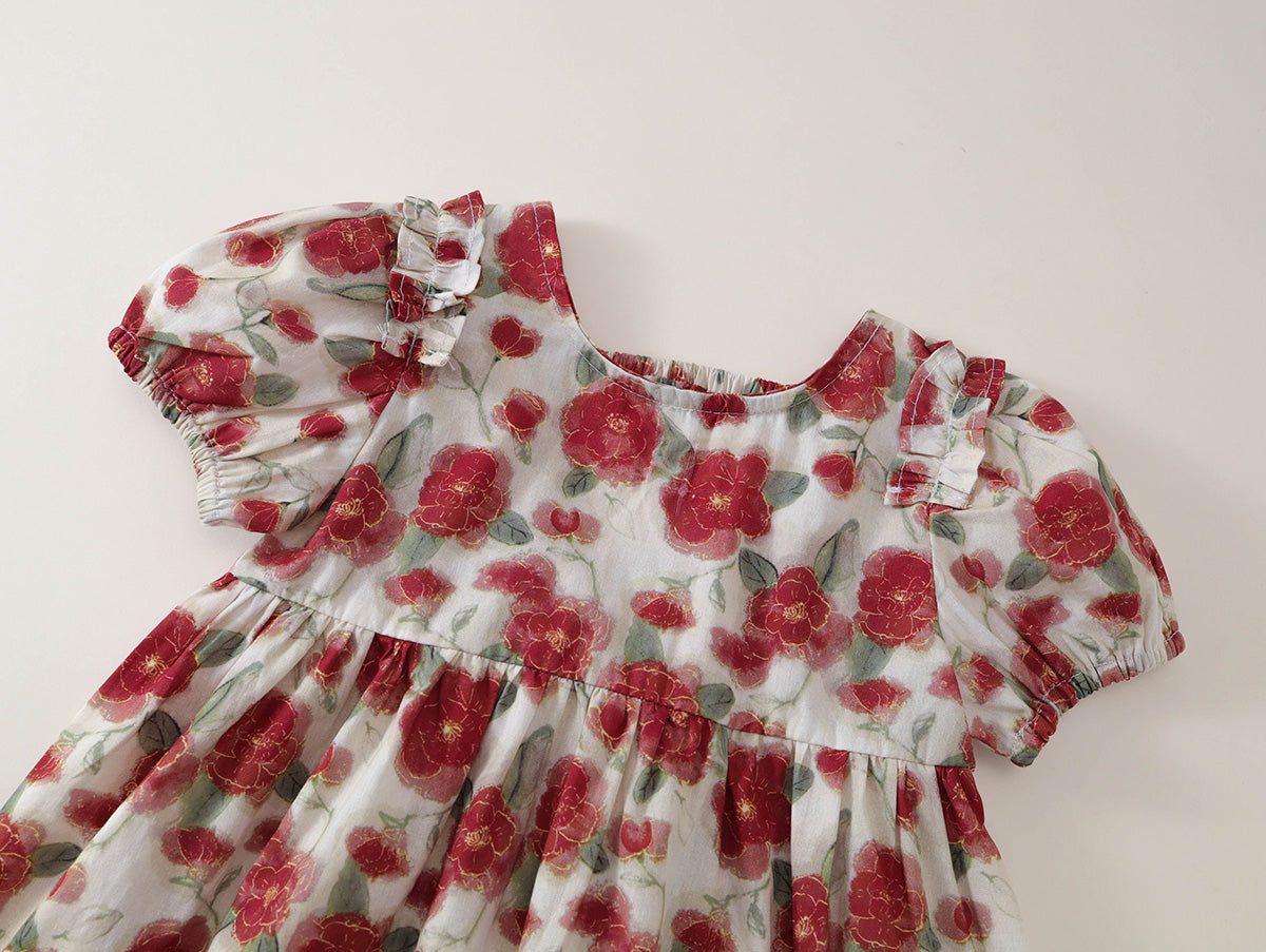 Girl Red Floral Print Short Sleeve A-Line Dress -K6126130
