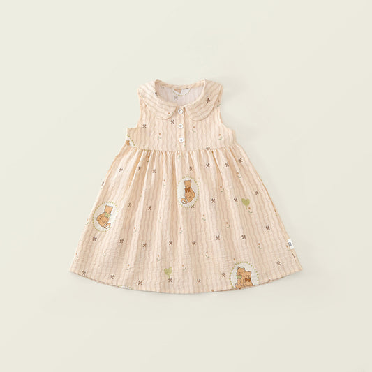 Girls' Peter Pan Collar Sleeveless Dress with Bear Patch (2 Colors) - K6126244