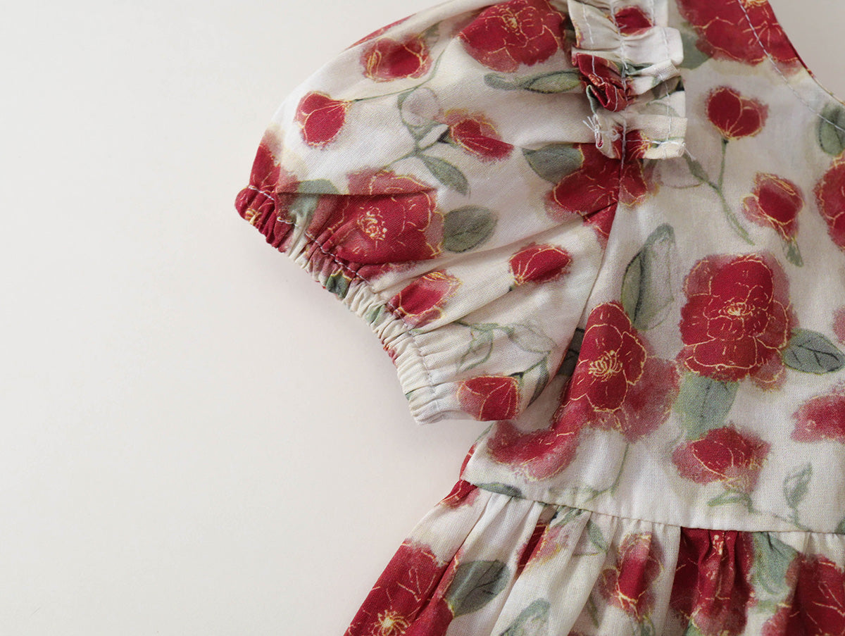 Girl Red Floral Print Short Sleeve A-Line Dress -K6126130