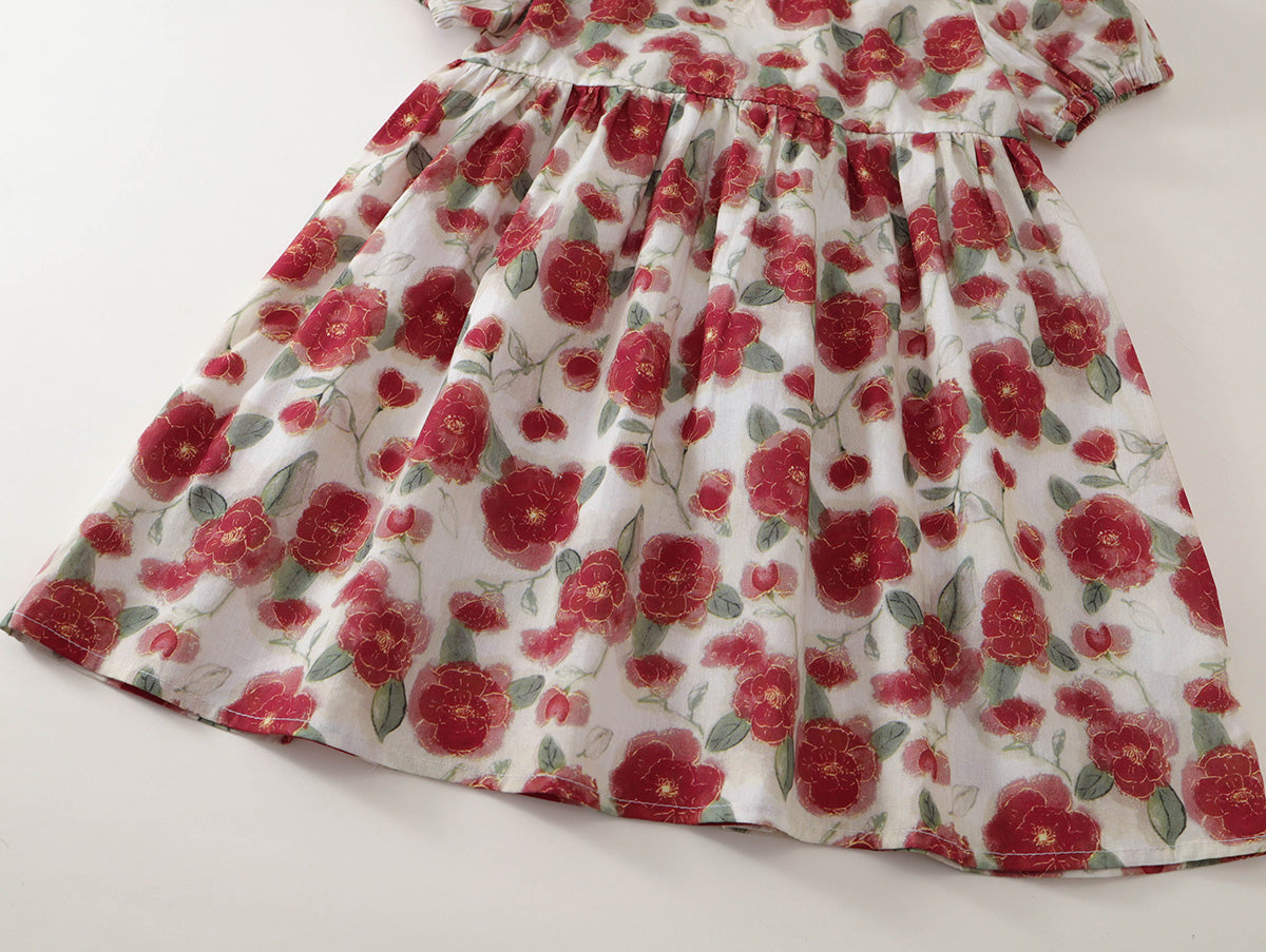 Girl Red Floral Print Short Sleeve A-Line Dress -K6126130