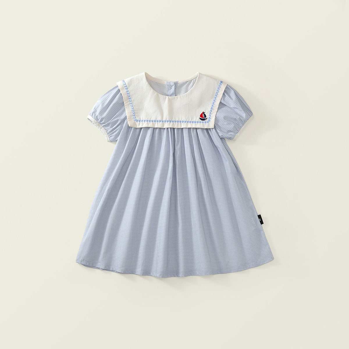 Girls' Seersucker Dress with Embroidered Sailor Collar - K6126056