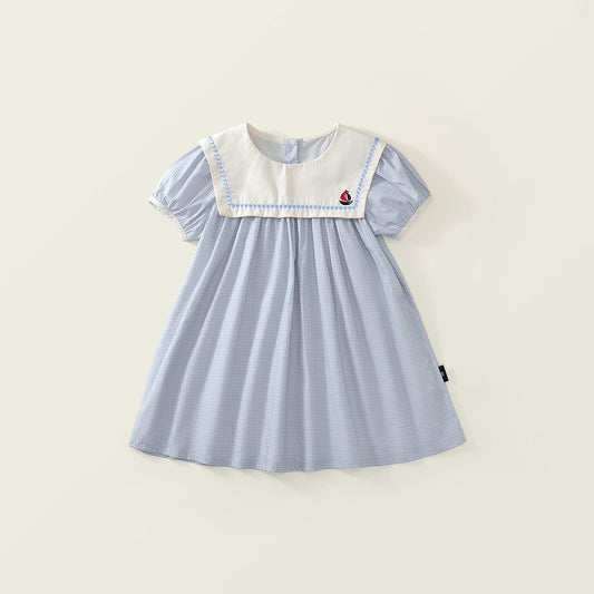 Girls' Seersucker Dress with Embroidered Sailor Collar - K6126056