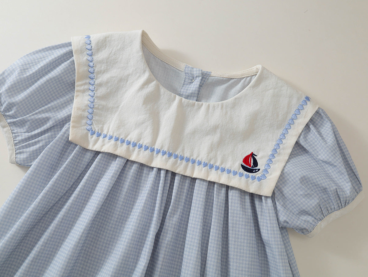 Girls' Seersucker Dress with Embroidered Sailor Collar - K6126056