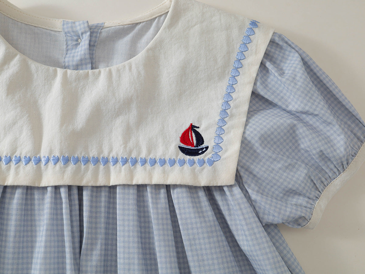 Girls' Seersucker Dress with Embroidered Sailor Collar - K6126056
