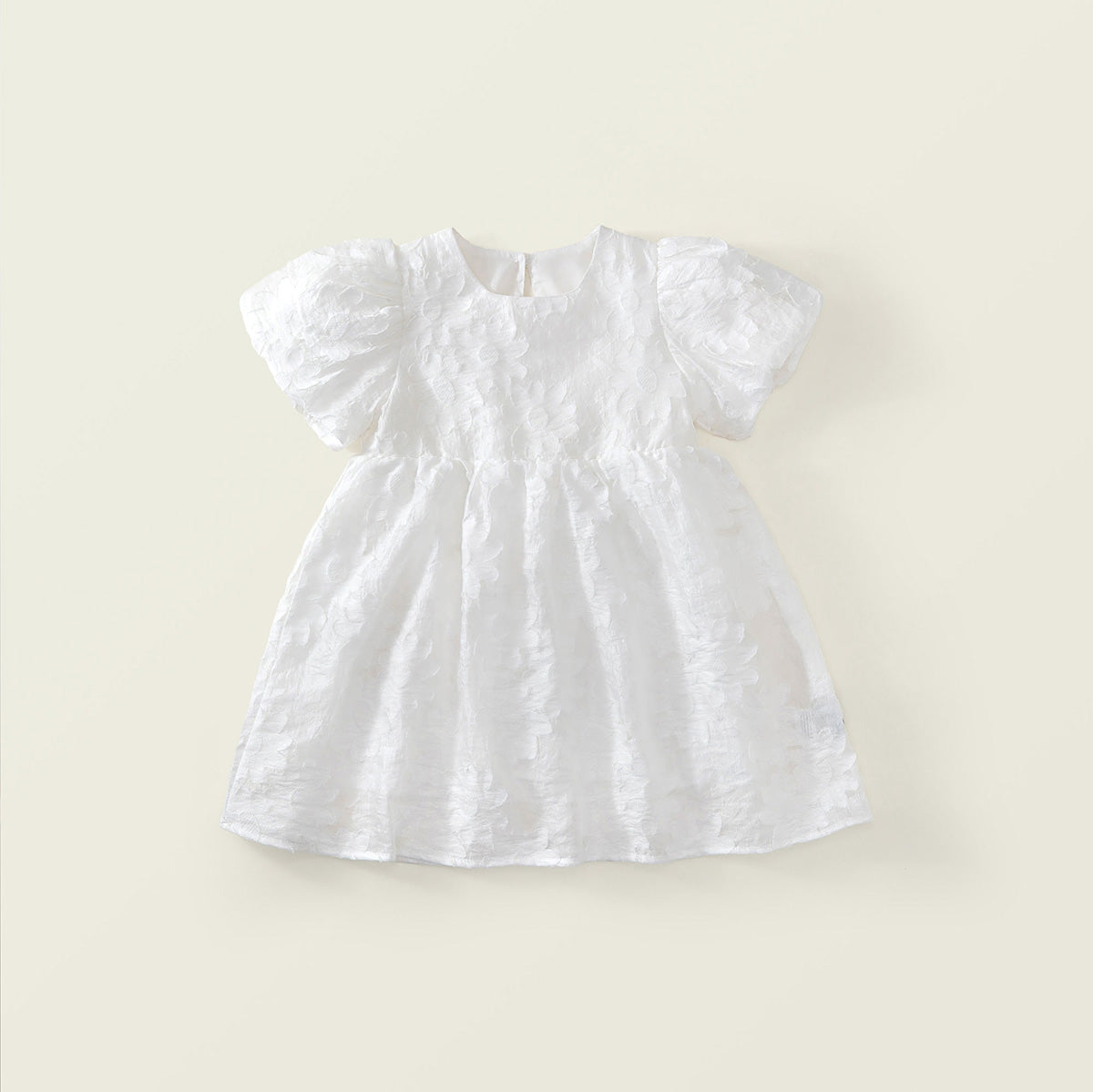 Girls' White Textured Puff Sleeve Dress -K6126145