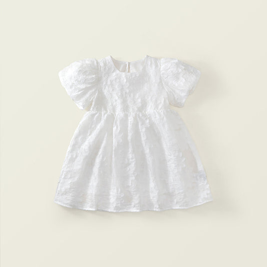 Girls' White Textured Puff Sleeve Dress -K6126145
