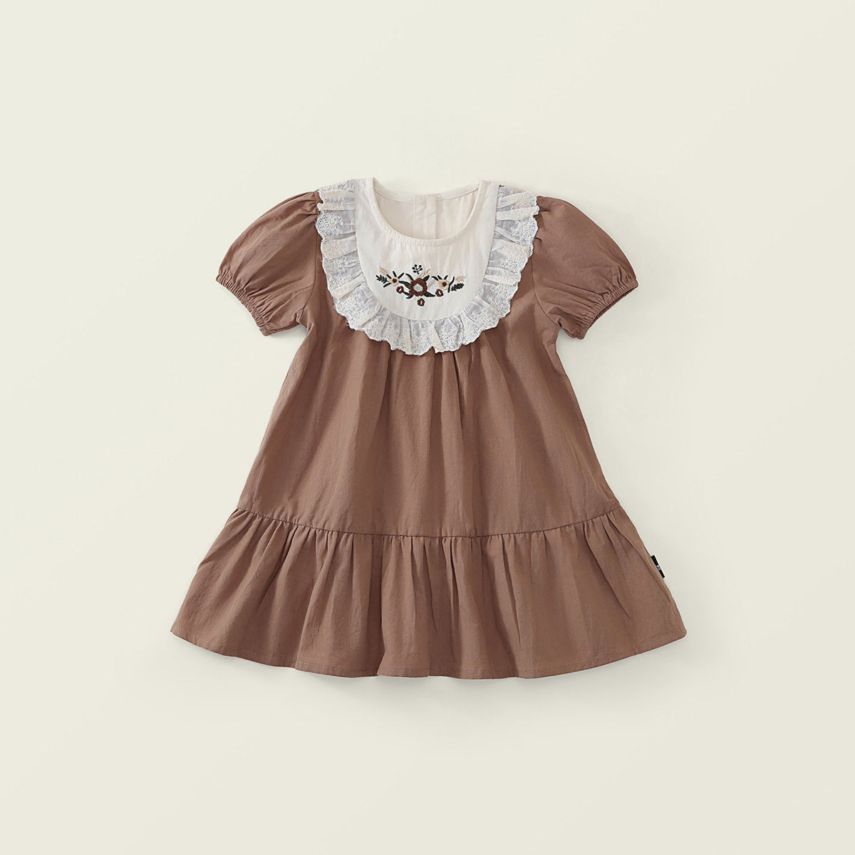 Girl Brown Lace Collar Embroidered Short Sleeve Dress -K6126122
