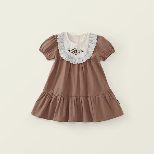 Girl Brown Lace Collar Embroidered Short Sleeve Dress -K6126122