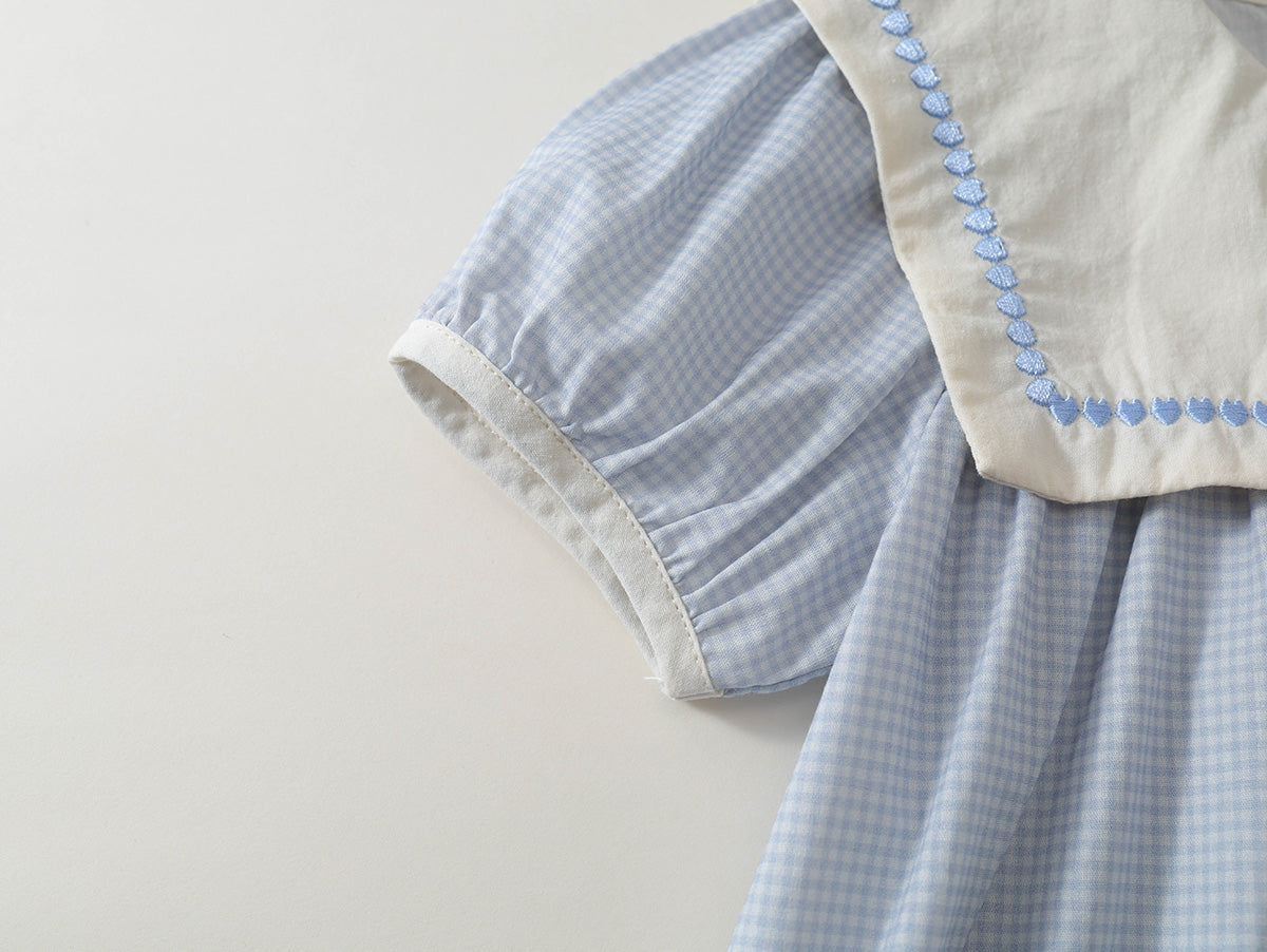 Girls' Seersucker Dress with Embroidered Sailor Collar - K6126056