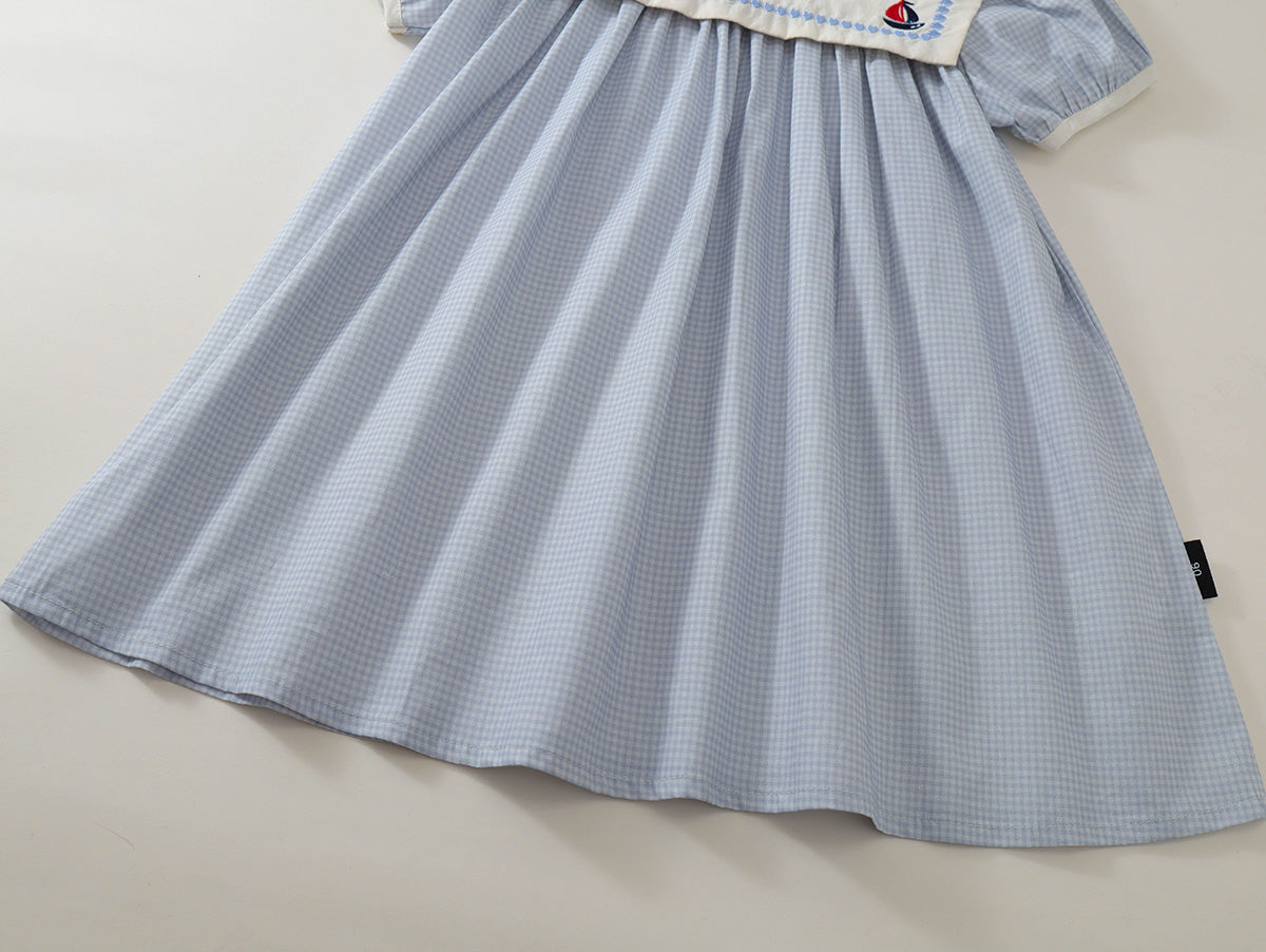 Girls' Seersucker Dress with Embroidered Sailor Collar - K6126056