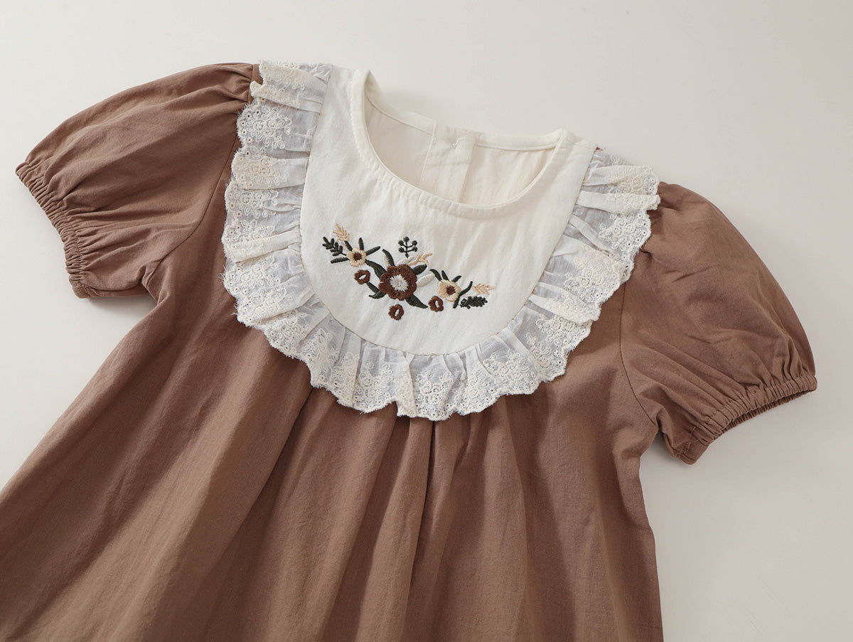 Girl Brown Lace Collar Embroidered Short Sleeve Dress -K6126122