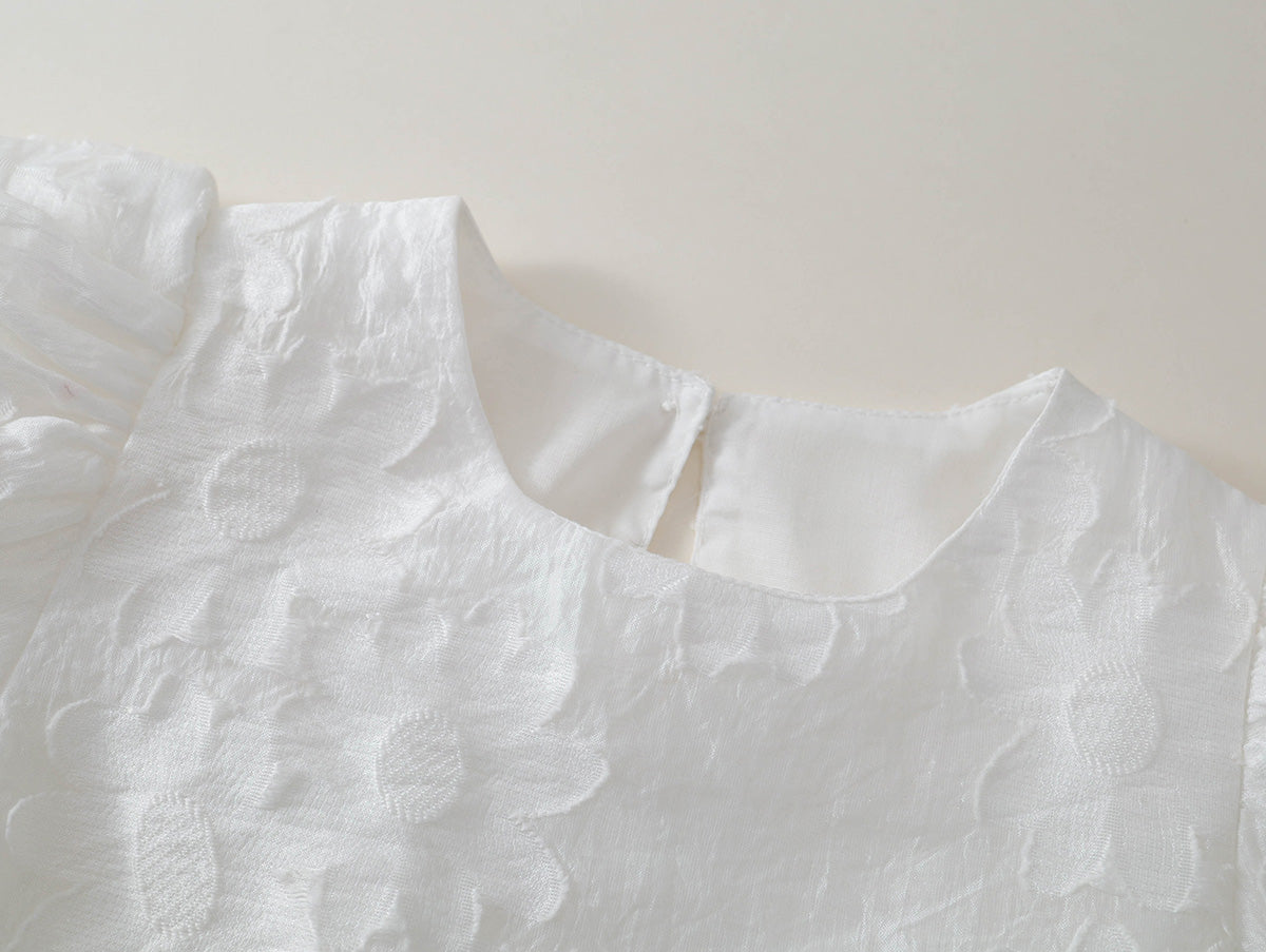 Girls' White Textured Puff Sleeve Dress -K6126145