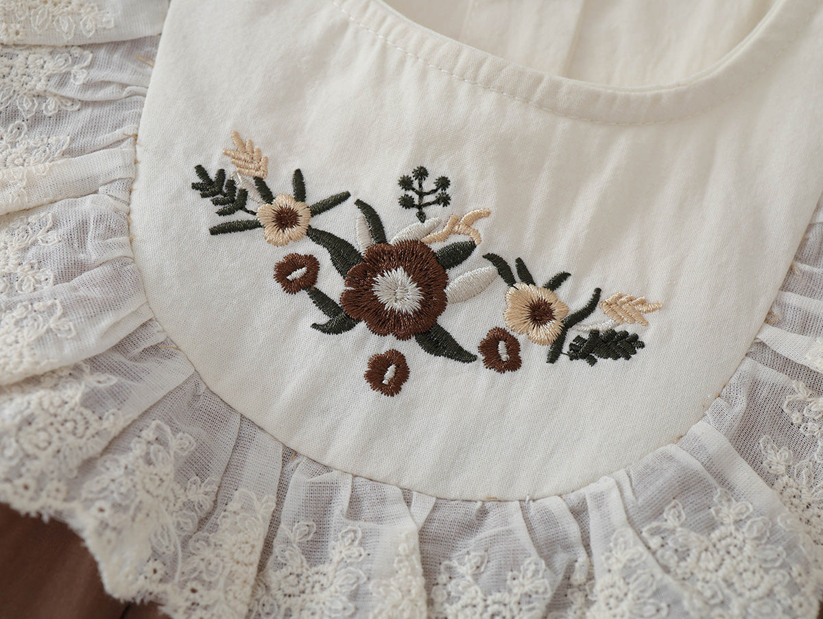 Girl Brown Lace Collar Embroidered Short Sleeve Dress -K6126122