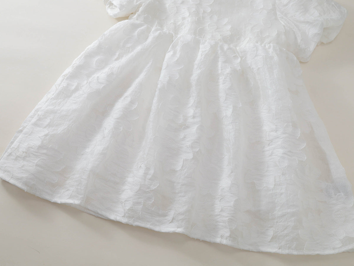 Girls' White Textured Puff Sleeve Dress -K6126145