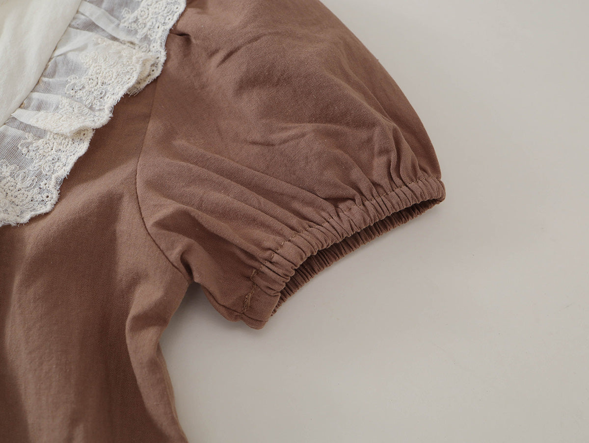Girl Brown Lace Collar Embroidered Short Sleeve Dress -K6126122