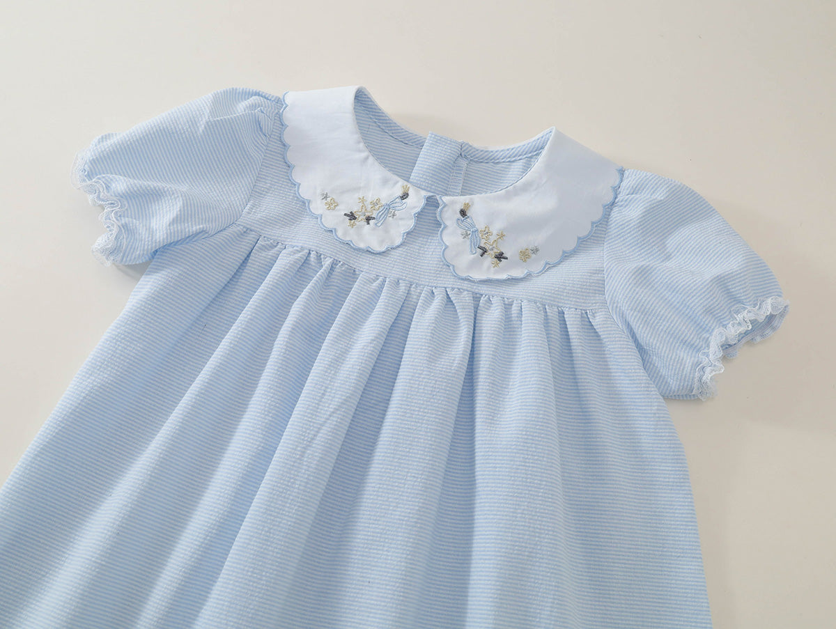 Girls' Striped Dress with Embroidered Collar -K6126186