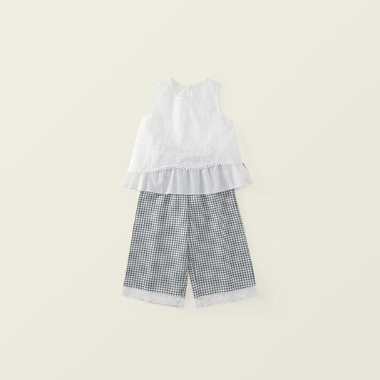 Girls' White Top & Check Pants Set -K6126069