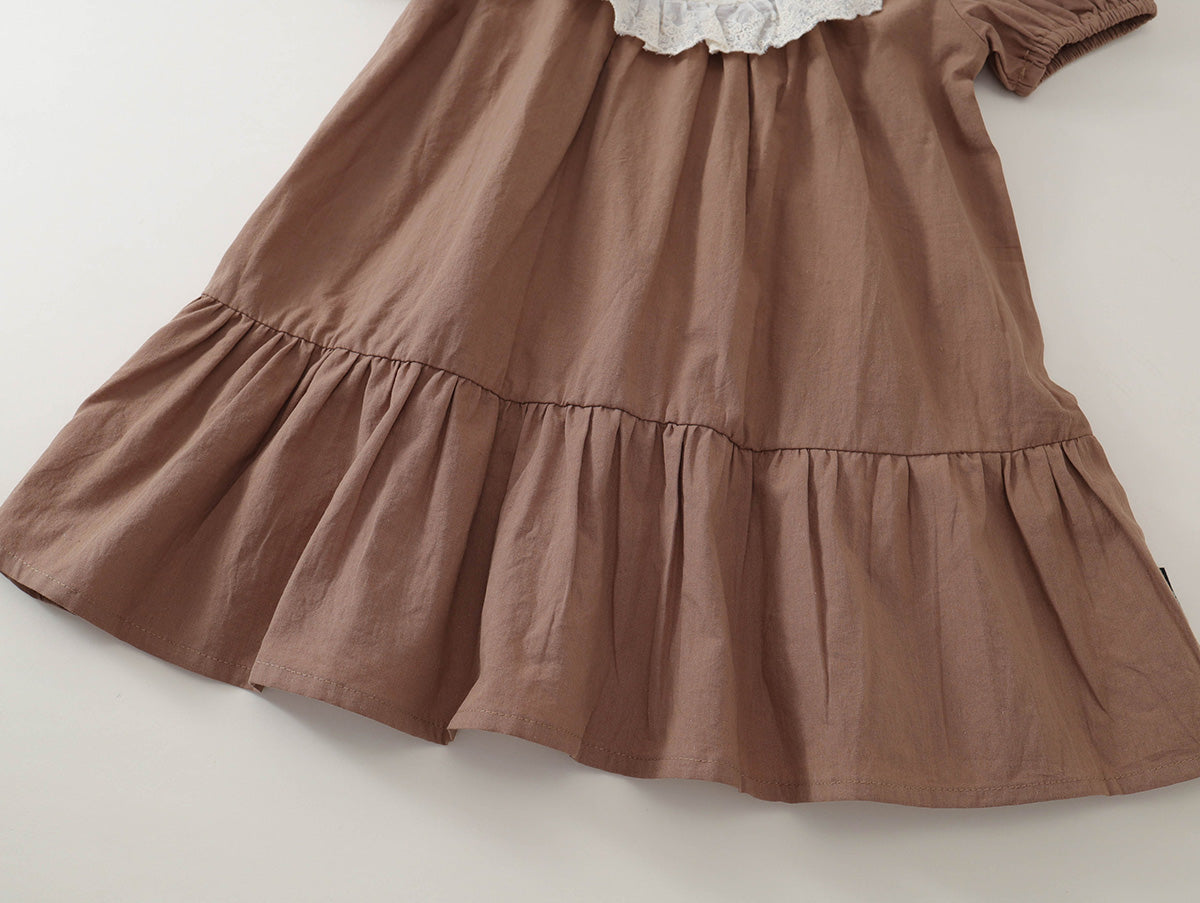 Girl Brown Lace Collar Embroidered Short Sleeve Dress -K6126122