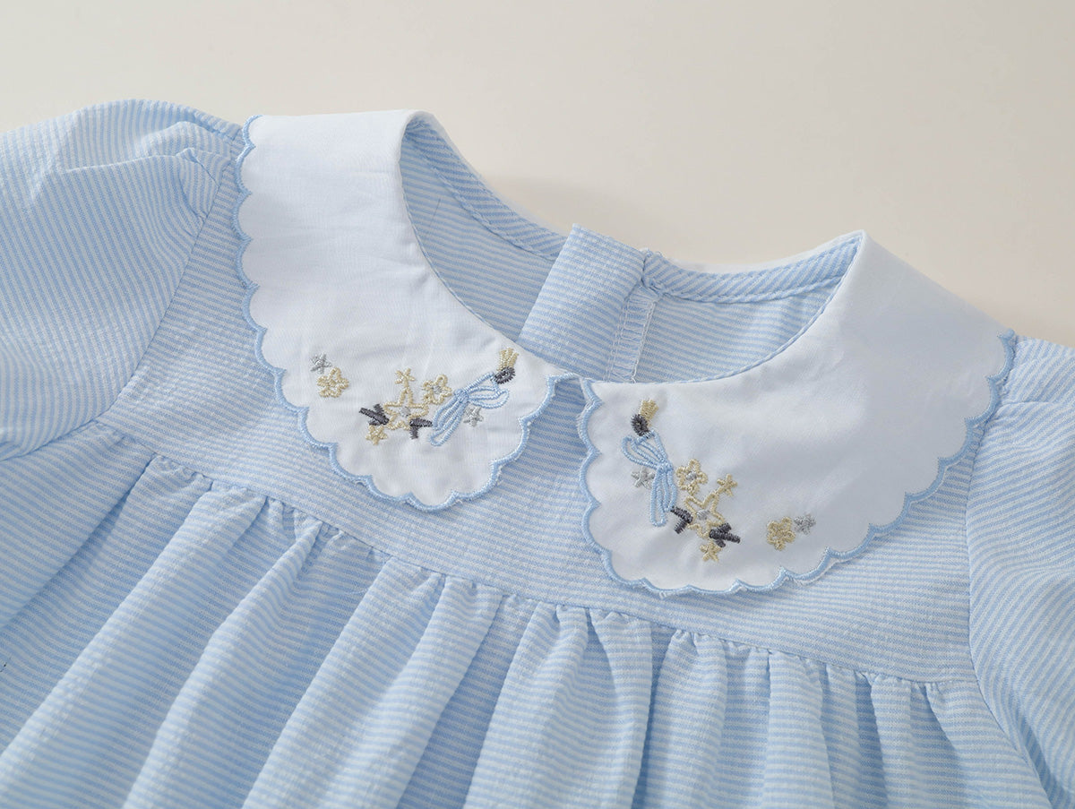 Girls' Striped Dress with Embroidered Collar -K6126186