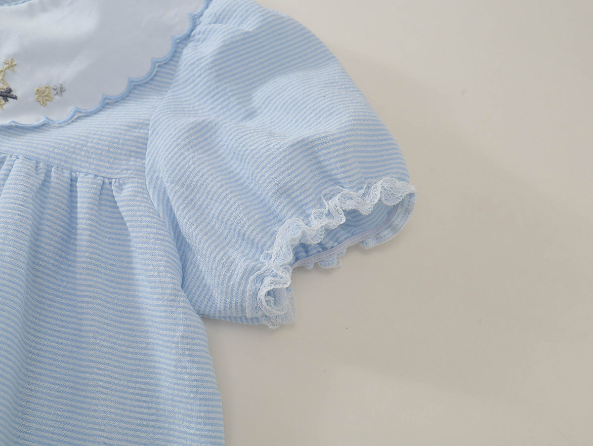 Girls' Striped Dress with Embroidered Collar -K6126186