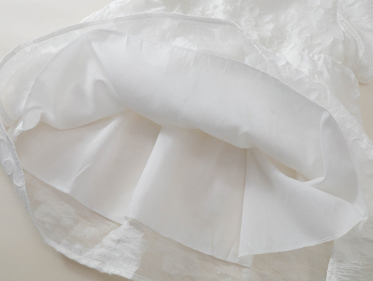 Girls' White Textured Puff Sleeve Dress -K6126145