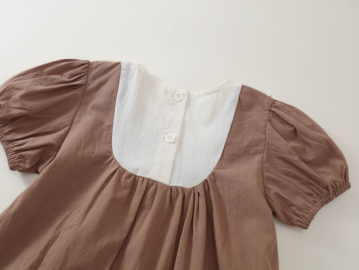 Girl Brown Lace Collar Embroidered Short Sleeve Dress -K6126122
