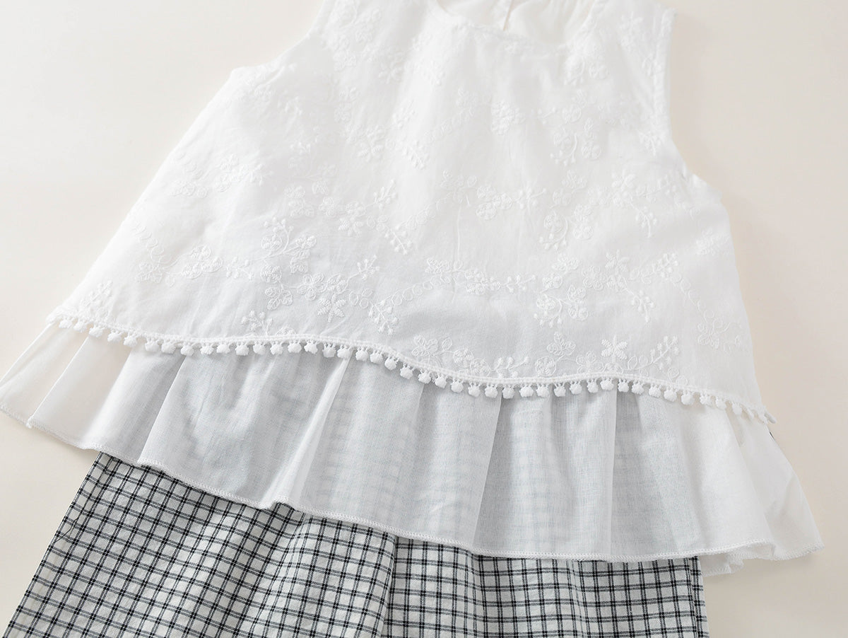 Girls' White Top & Check Pants Set -K6126069