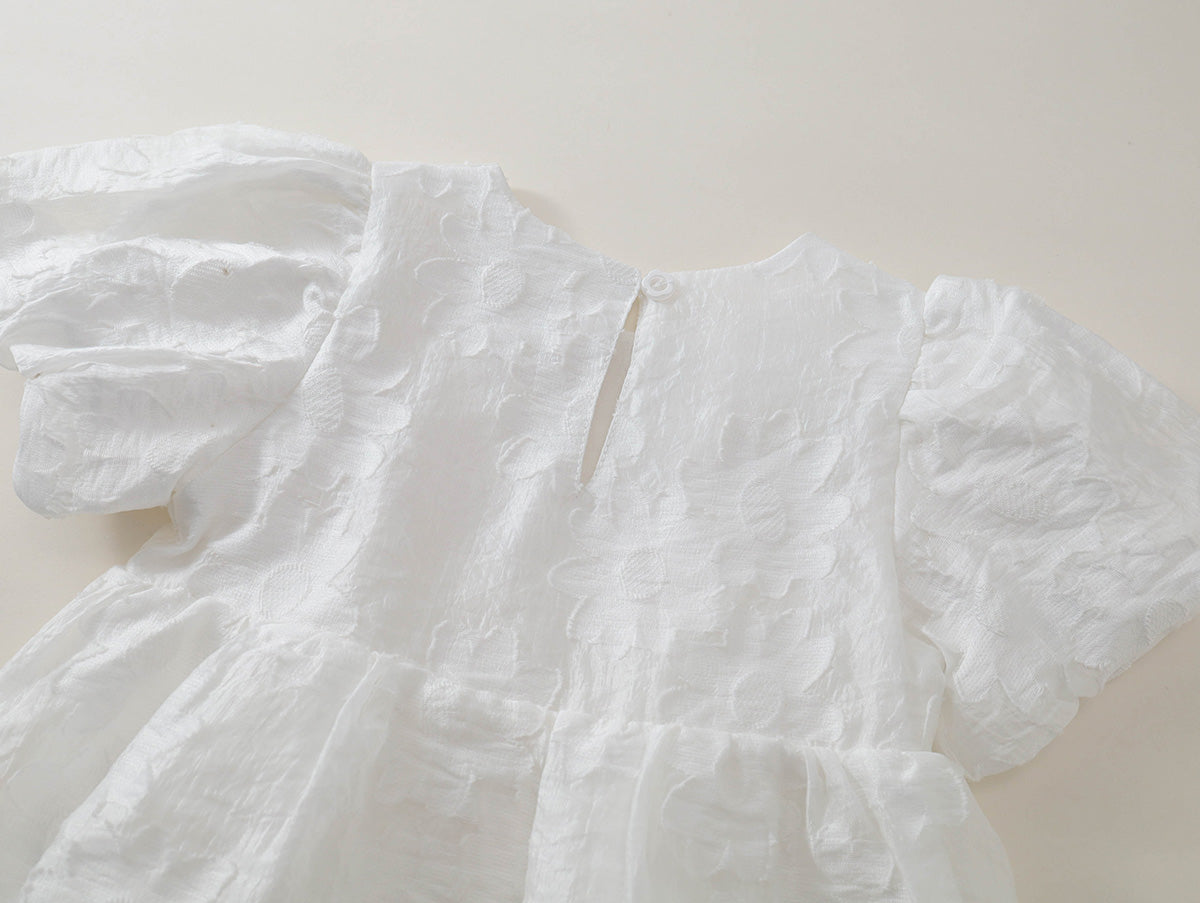 Girls' White Textured Puff Sleeve Dress -K6126145