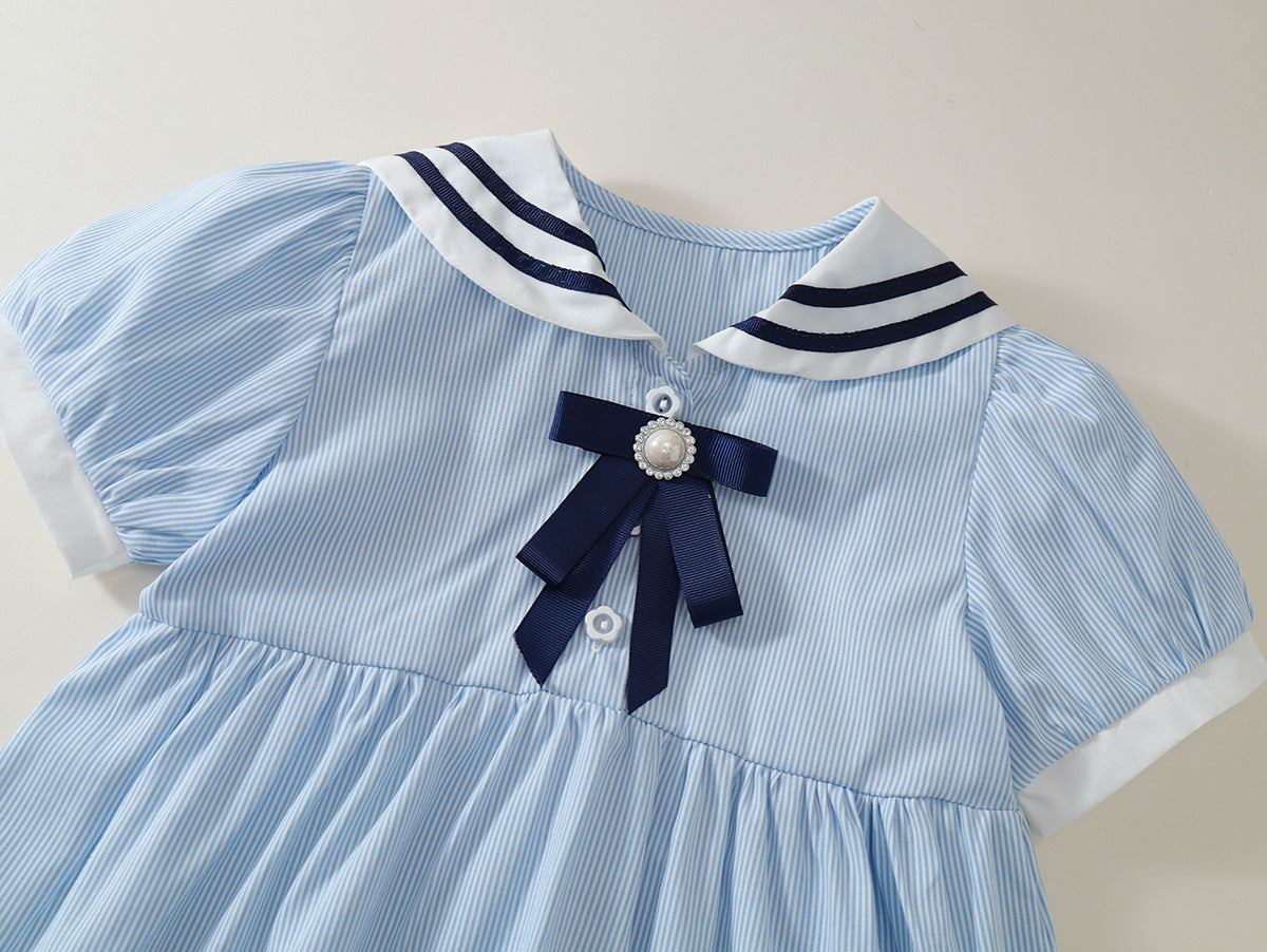 Girls' Navy-Style Striped Dress with Bow Detail - K6126051