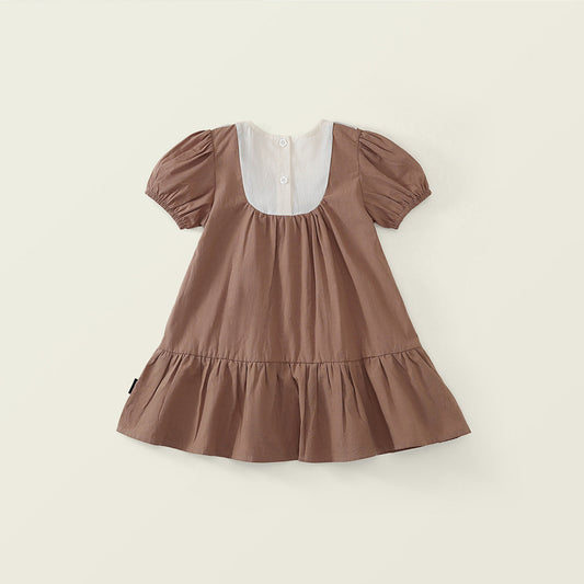 Girl Brown Lace Collar Embroidered Short Sleeve Dress -K6126122