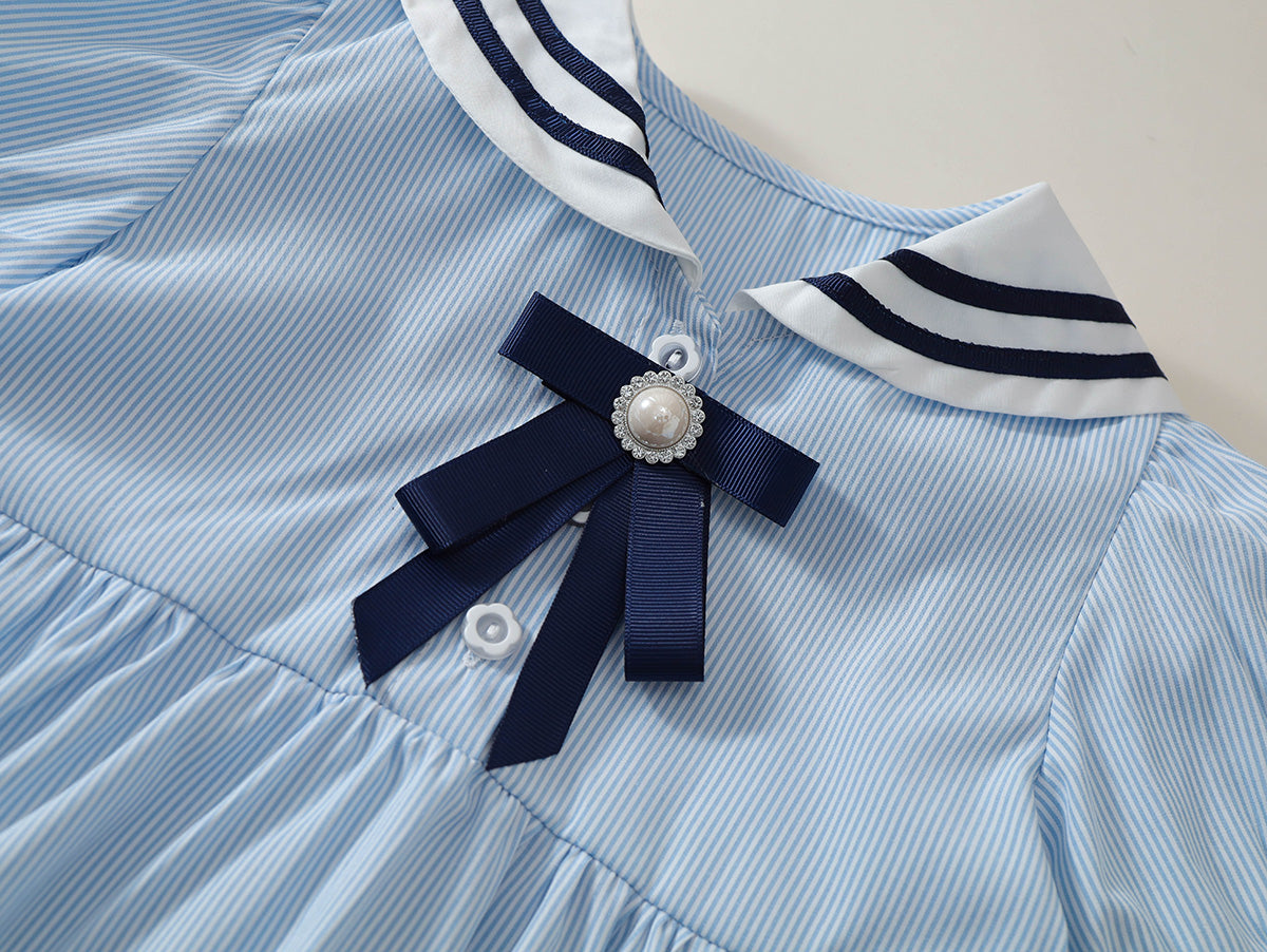Girls' Navy-Style Striped Dress with Bow Detail - K6126051