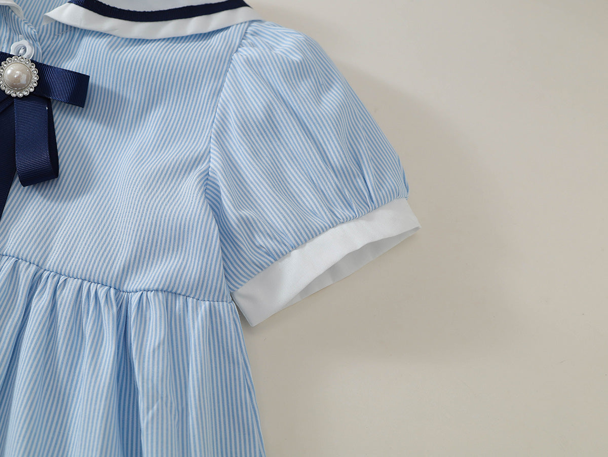 Girls' Navy-Style Striped Dress with Bow Detail - K6126051