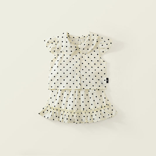 Girls' Polka Dot Peter Pan Collar Top & Ruffle Skirt Set -K6126082