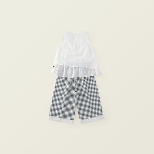 Girls' White Top & Check Pants Set -K6126069