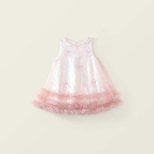 Girls' Iridescent Sequin Dress with Tulle Ruffle Hem -K6126035