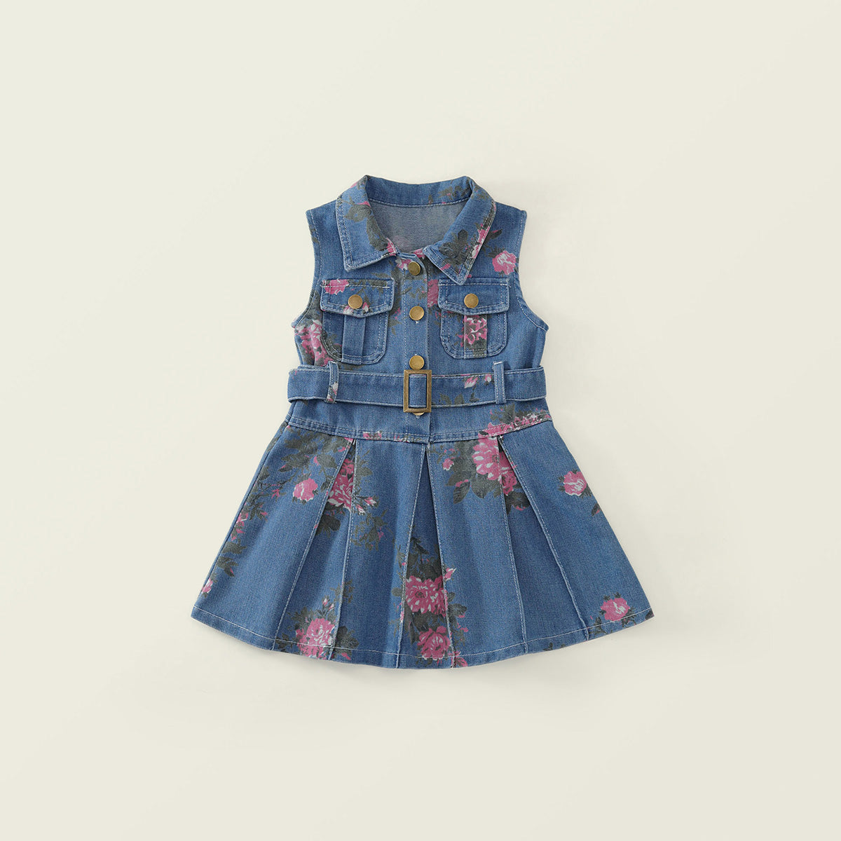 Toddler Girl Floral Denim Sleeveless Dress with Belt -K6136074