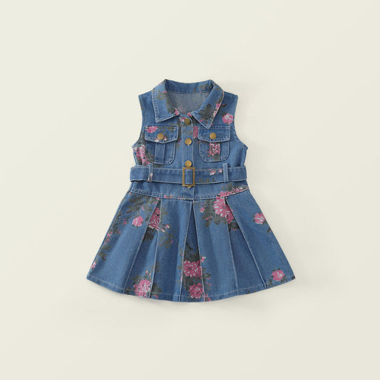 Toddler Girl Floral Denim Sleeveless Dress with Belt -K6136074
