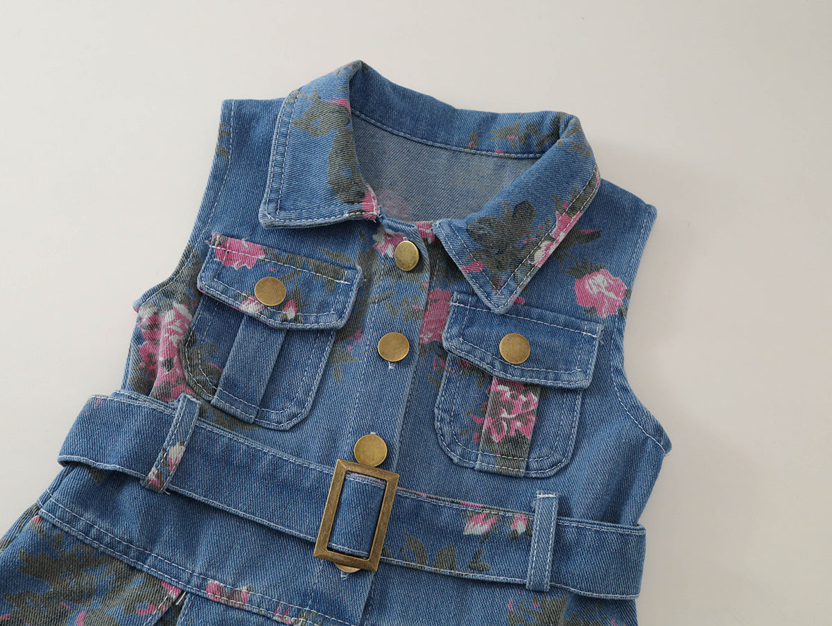 Toddler Girl Floral Denim Sleeveless Dress with Belt -K6136074