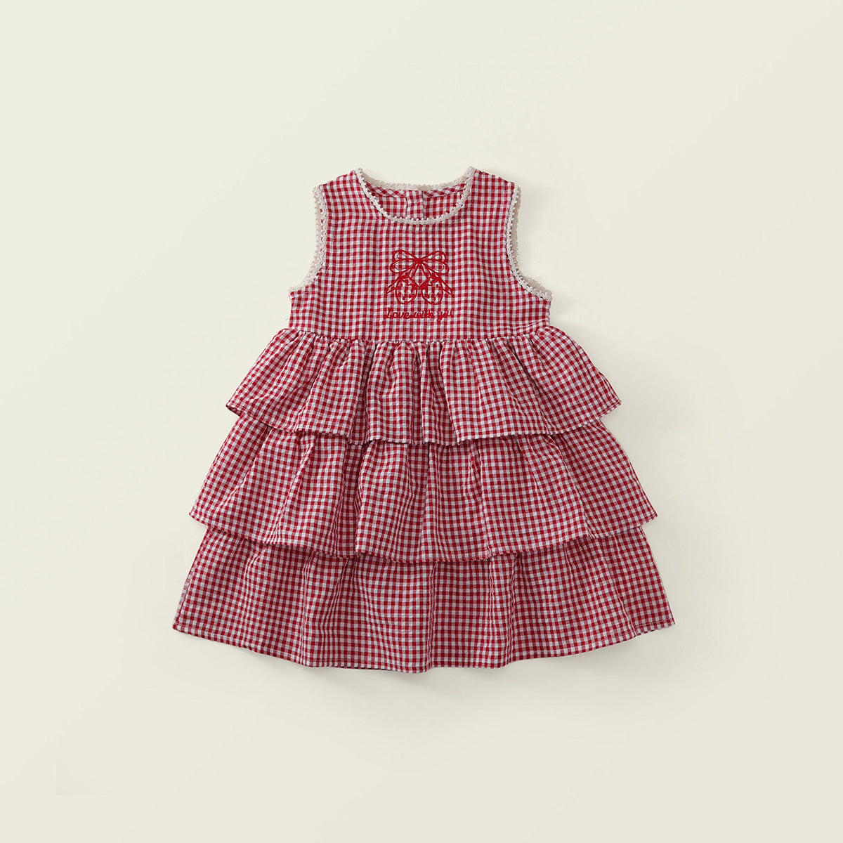 Girls' Red Gingham Tiered Ruffle Dress with Bow Embroidery -K6126156